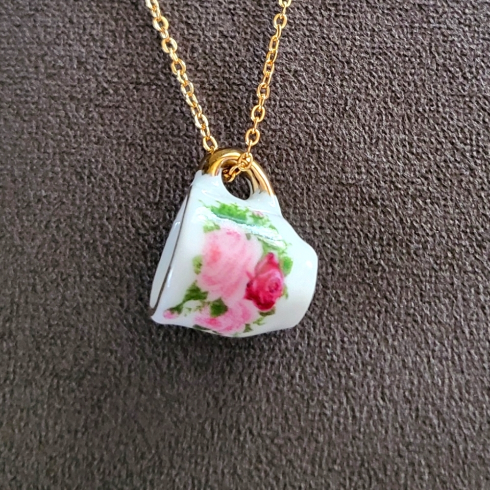 Teacup Necklace with Pink Roses and Dainty Golden Cable Chain